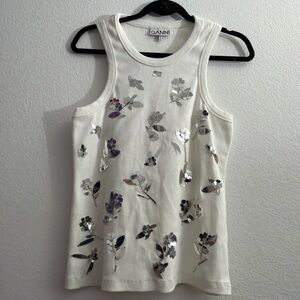 GANNI White Rib Jersey Embellished Tank Top